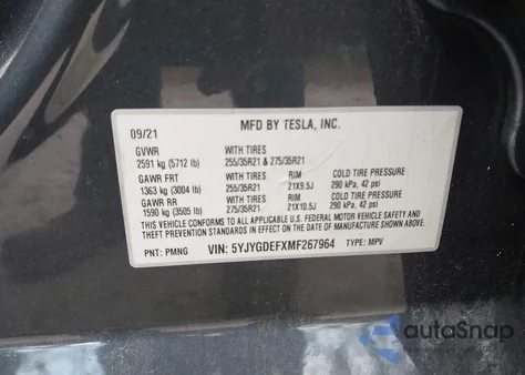 2021 Tesla Model Y Performance Dual Motor All-Wheel Drive z USA, uszkodzony, nr VIN 5YJYGDEFXMF267964